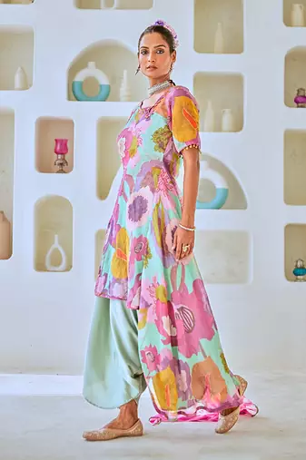 Aqua blue tissue floral printed fusion set with leheriya dupatta