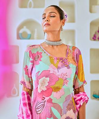 Aqua blue tissue floral printed fusion set with leheriya dupatta 4