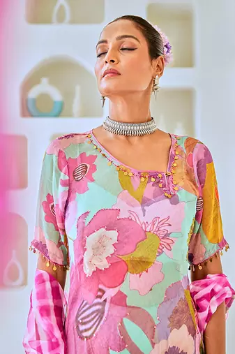 Aqua blue tissue floral printed fusion set with leheriya dupatta