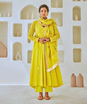 Lemon green flared anarkali set with tissue chanderi dupatta 1