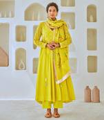 Lemon green flared anarkali set with tissue chanderi dupatta