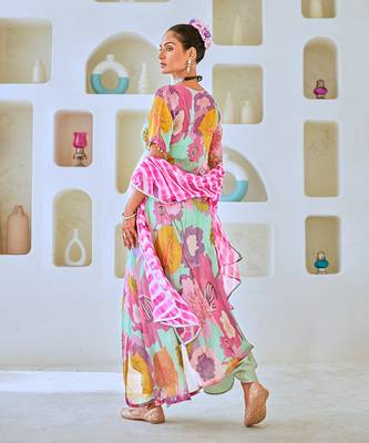 Aqua blue tissue floral printed fusion set with leheriya dupatta 5