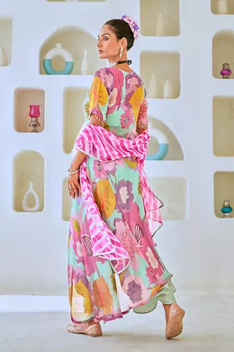 Aqua blue tissue floral printed fusion set with leheriya dupatta