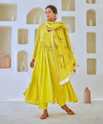 Lemon green flared anarkali set with tissue chanderi dupatta 2