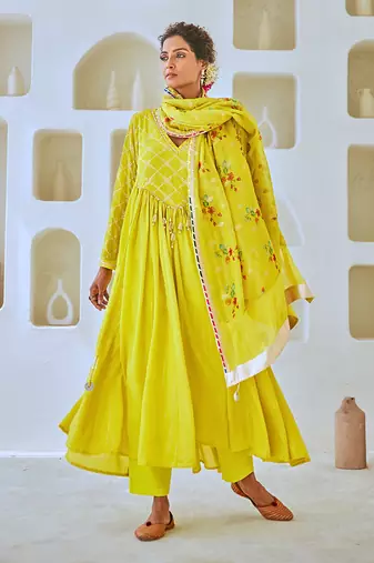 Lemon green flared anarkali set with tissue chanderi dupatta