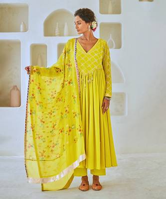 Lemon green flared anarkali set with tissue chanderi dupatta 3