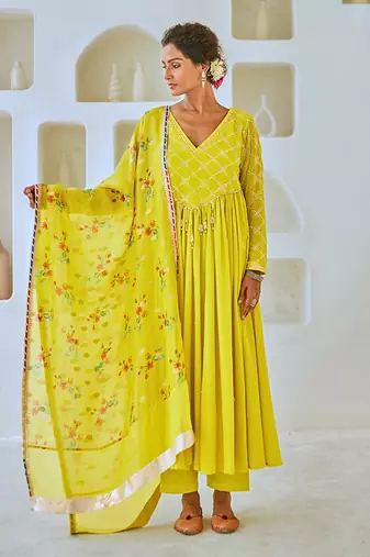Lemon green flared anarkali set with tissue chanderi dupatta