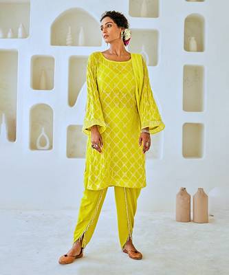 Lemon green mukaish georgette kurta set with organza dupatta 1