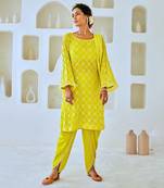 Lemon green mukaish georgette kurta set with organza dupatta
