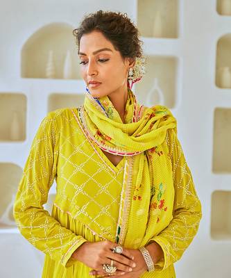 Lemon green flared anarkali set with tissue chanderi dupatta 4