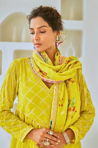 Lemon green flared anarkali set with tissue chanderi dupatta