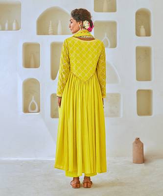 Lemon green flared anarkali set with tissue chanderi dupatta 5