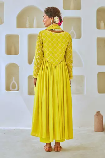 Lemon green flared anarkali set with tissue chanderi dupatta