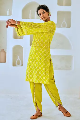 Lemon green mukaish georgette kurta set with organza dupatta