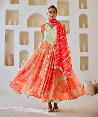 Mint green floral chiffon flared anarkali set with leheriya dupatta 1