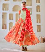 Mint green floral chiffon flared anarkali set with leheriya dupatta