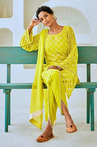Lemon green mukaish georgette kurta set with organza dupatta
