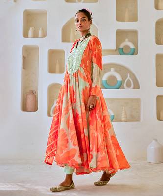 Mint green floral chiffon flared anarkali set with leheriya dupatta 2