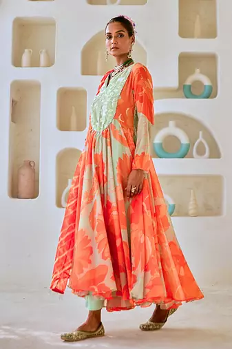 Mint green floral chiffon flared anarkali set with leheriya dupatta