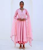 Soft pink embroidered flared anarkali set with organza dupatta