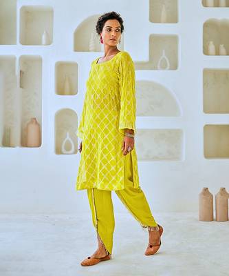 Lemon green mukaish georgette kurta set with organza dupatta 4