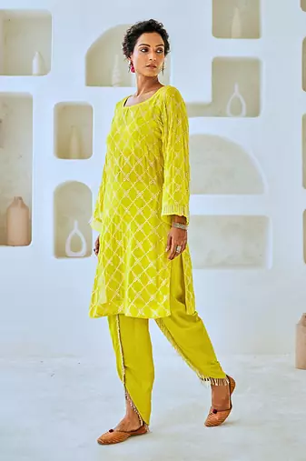 Lemon green mukaish georgette kurta set with organza dupatta