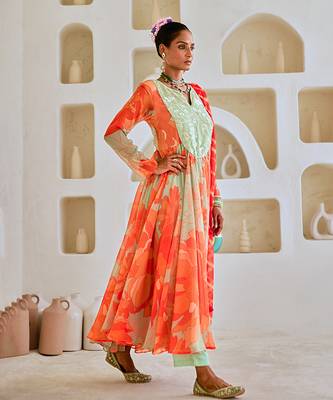Mint green floral chiffon flared anarkali set with leheriya dupatta 3