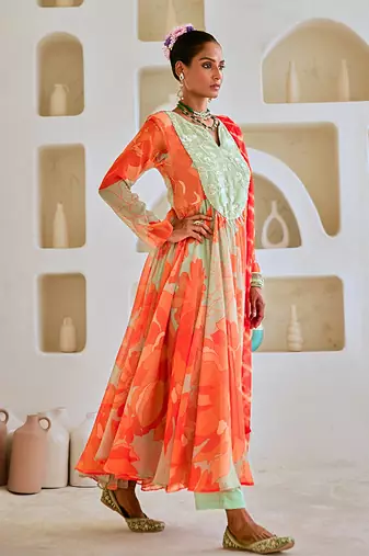 Mint green floral chiffon flared anarkali set with leheriya dupatta