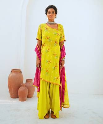 Lemon green tissue chanderi printed fusion set with leheriya dupatta 1