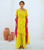 Lemon green tissue chanderi printed fusion set with leheriya dupatta