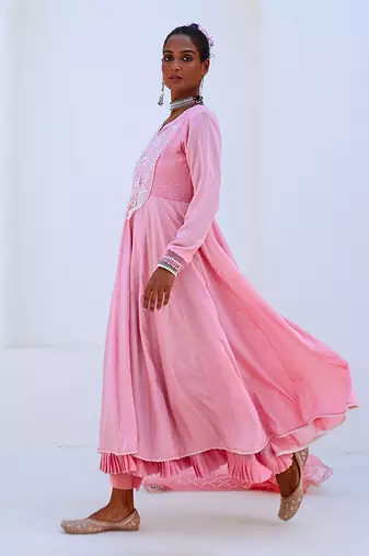 Soft pink embroidered flared anarkali set with organza dupatta