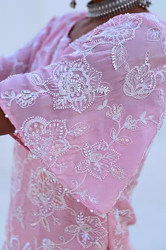 Soft pink embroidered tissue kurta set with organza dupatta