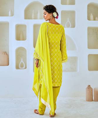 Lemon green mukaish georgette kurta set with organza dupatta 5