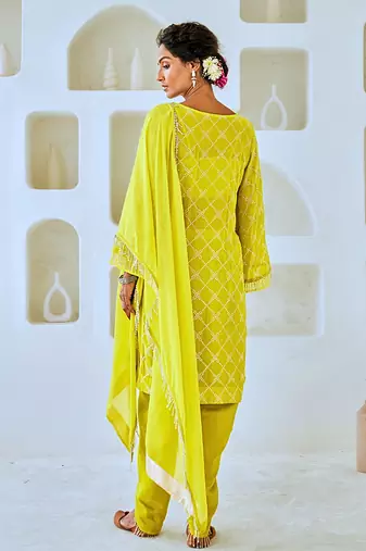 Lemon green mukaish georgette kurta set with organza dupatta
