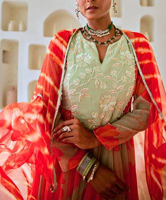 Mint green floral chiffon flared anarkali set with leheriya dupatta 4