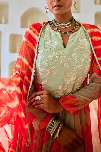 Mint green floral chiffon flared anarkali set with leheriya dupatta
