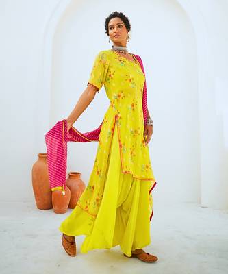 Lemon green tissue chanderi printed fusion set with leheriya dupatta 2