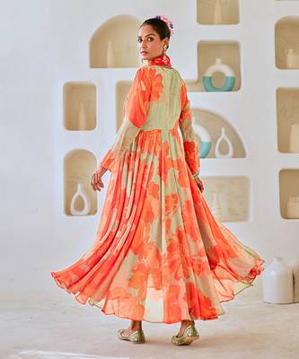 Mint green floral chiffon flared anarkali set with leheriya dupatta 5