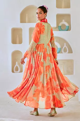 Mint green floral chiffon flared anarkali set with leheriya dupatta