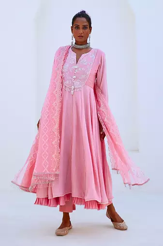 Soft pink embroidered flared anarkali set with organza dupatta