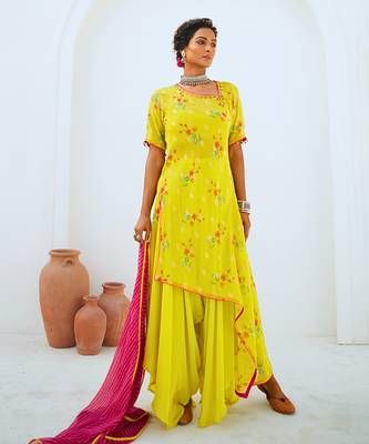 Lemon green tissue chanderi printed fusion set with leheriya dupatta 3