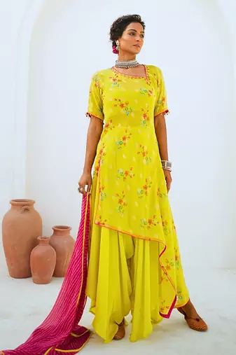 Lemon green tissue chanderi printed fusion set with leheriya dupatta