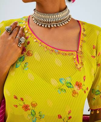 Lemon green tissue chanderi printed fusion set with leheriya dupatta 4