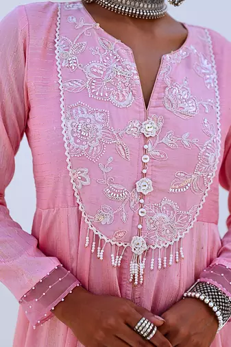 Soft pink embroidered flared anarkali set with organza dupatta