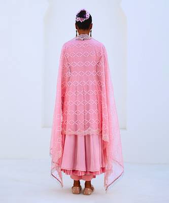 Soft pink embroidered flared anarkali set with organza dupatta 5
