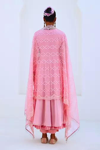 Soft pink embroidered flared anarkali set with organza dupatta