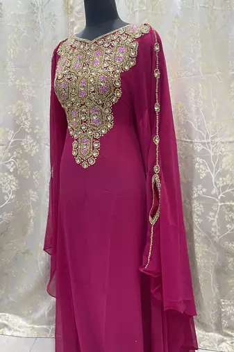Hot Pink Georgette Zari Work Party Wear Kaftan