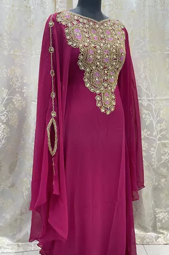 Hot Pink Georgette Zari Work Party Wear Kaftan