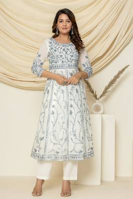 Grey embroidered cotton aari work anarkali suit 1