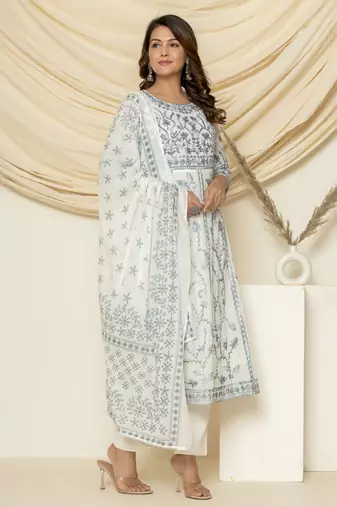 Grey embroidered cotton aari work anarkali suit